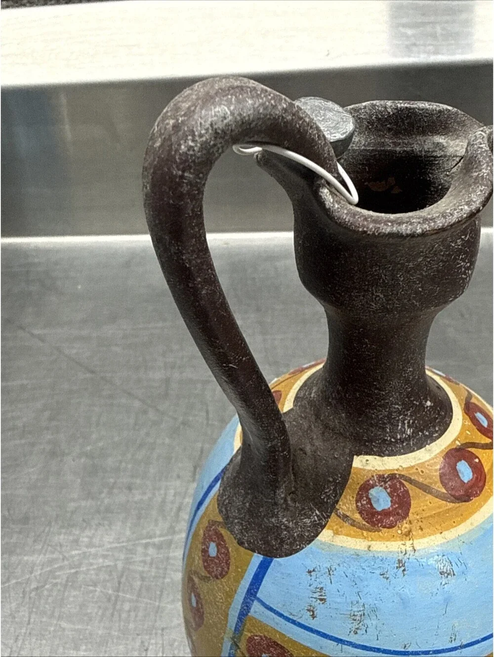 VTG RARE Artisan Made Ceramic Pitcher W/ Hand Painted Minoan Bull Leaping Mural